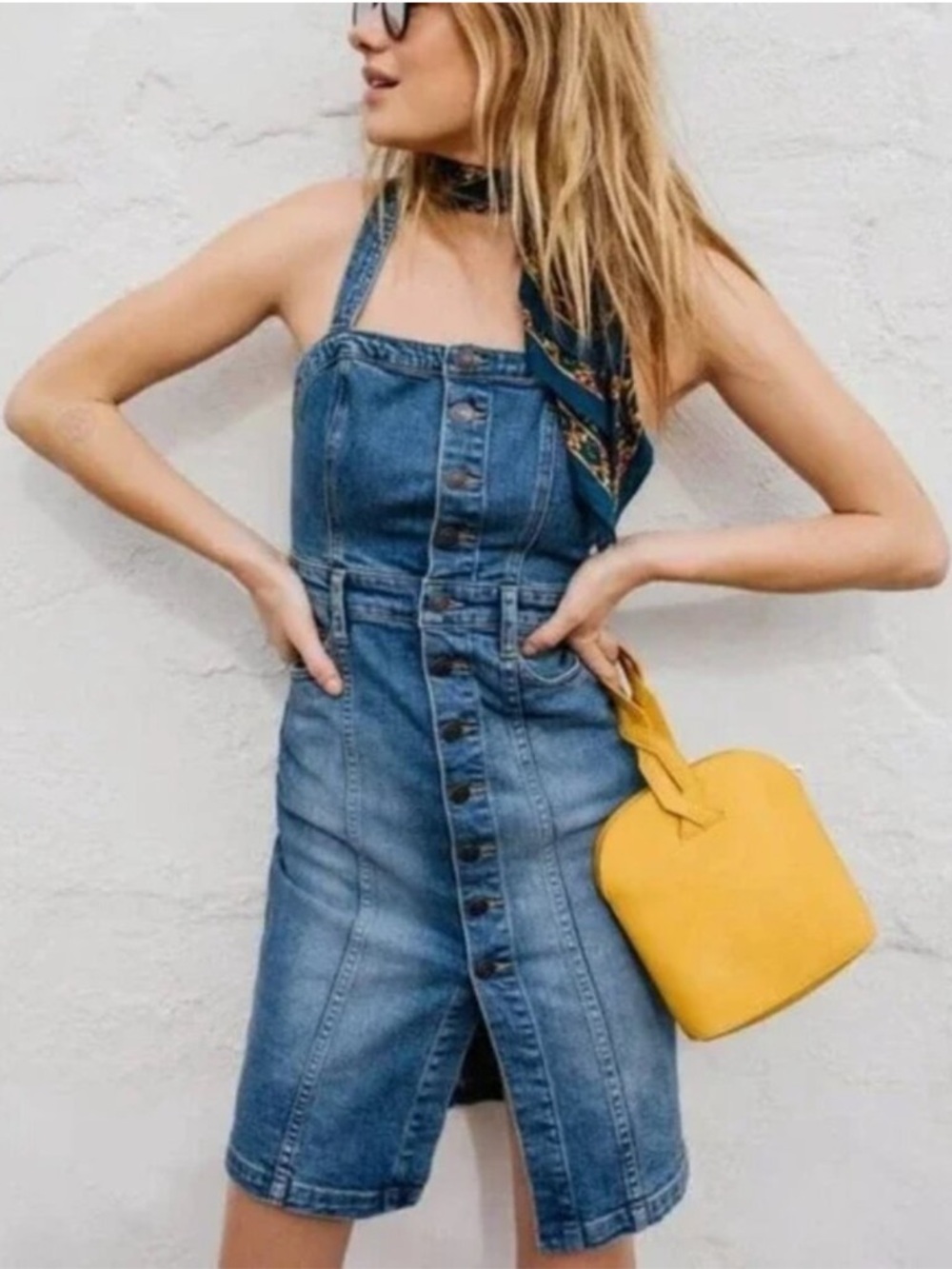 Free People Denim Overall Pinafore Dress Button Front Cross Back Stretch Size 4